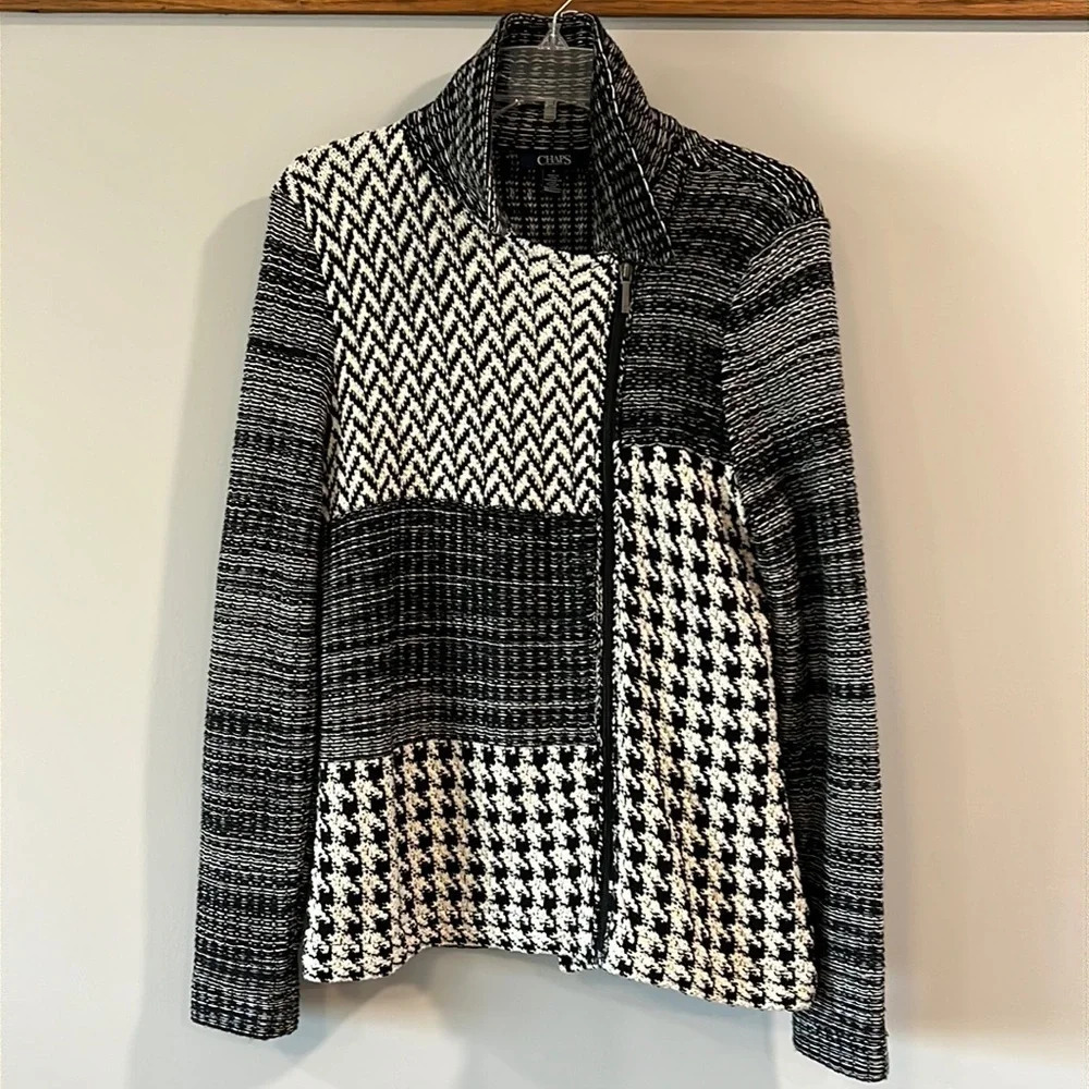 Chaps - black/cream, M moto style houndstooth‎ sweater